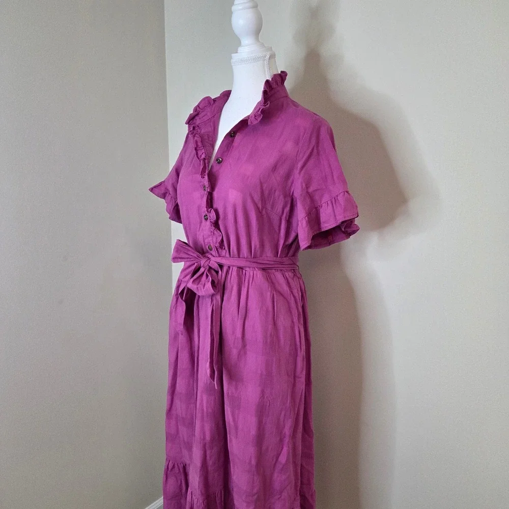 Cottagecore Monotone Check Maxi Dress‎ Prairie Ruffle 100% Cotton Size S